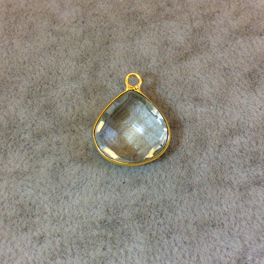 Gold Plated Faceted Pale Green Hydro (Lab Created) Quartz Heart/Teardrop Shaped Bezel Pendant - Measuring 15mm x 15mm - Sold Individually