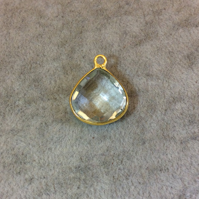 Gold Plated Faceted Pale Green Hydro (Lab Created) Quartz Heart/Teardrop Shaped Bezel Pendant - Measuring 15mm x 15mm - Sold Individually