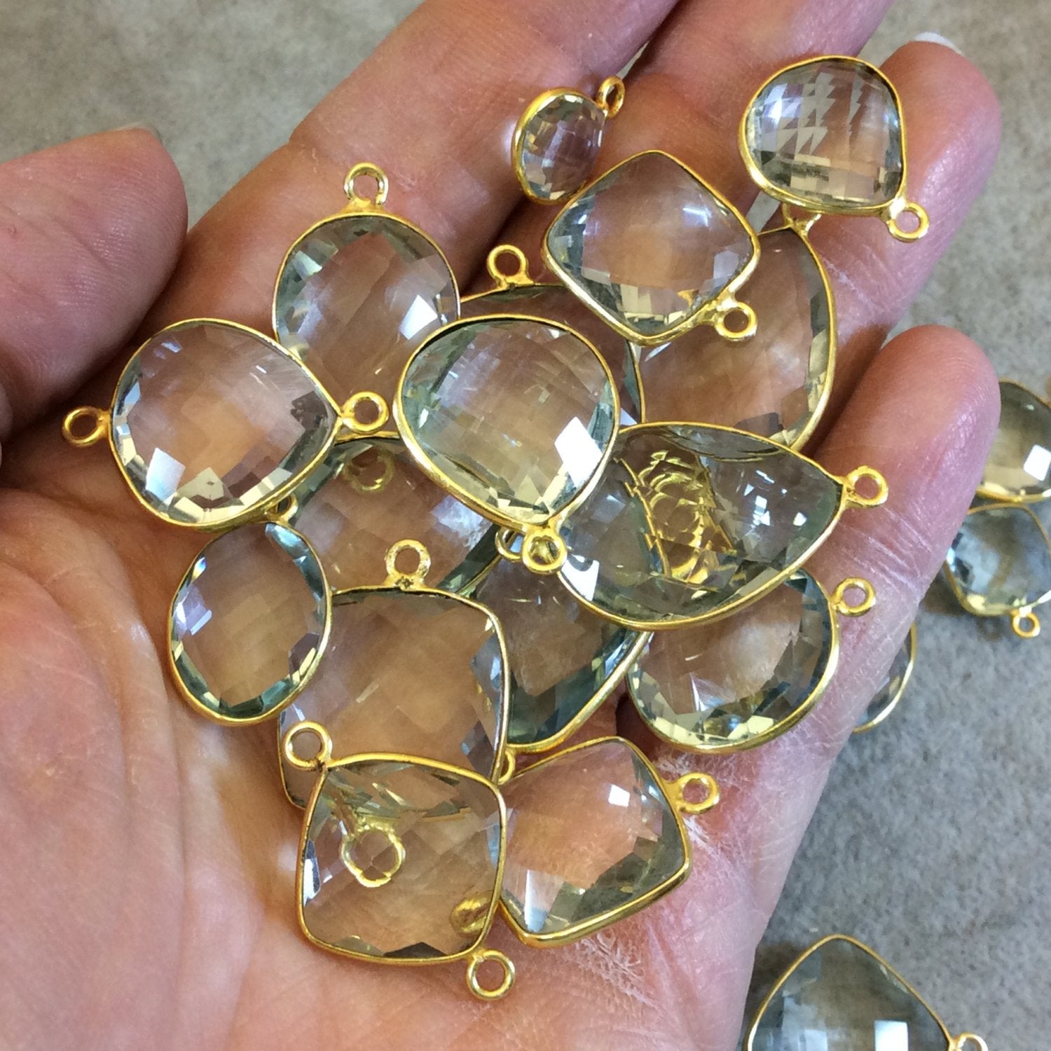 Gold Plated Faceted Pale Green Hydro (Lab Created) Quartz Diamond Shaped Bezel Connector - Measuring 15mm x 15mm - Sold Individually