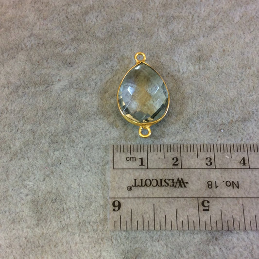Gold Plated Faceted Pale Green Hydro (Lab Created) Quartz Pear/Teardrop Shaped Bezel Connector - Measuring 15mm x 20mm - Sold Individually