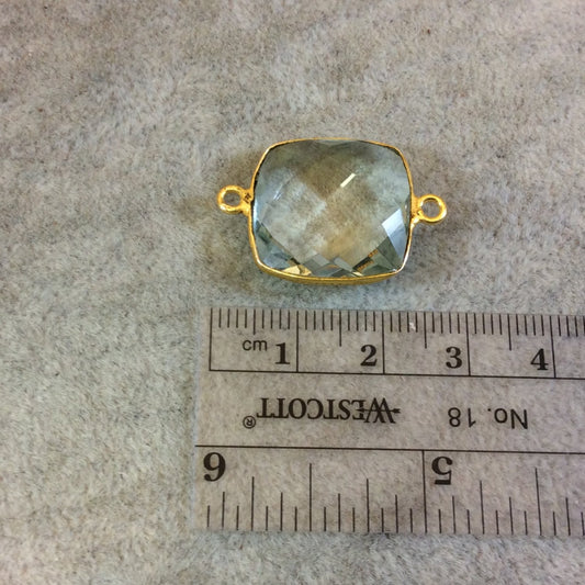 Gold Plated Faceted Pale Green Hydro (Lab Created) Quartz Square Shaped Bezel Connector - Measuring 18mm x 18mm - Sold Individually
