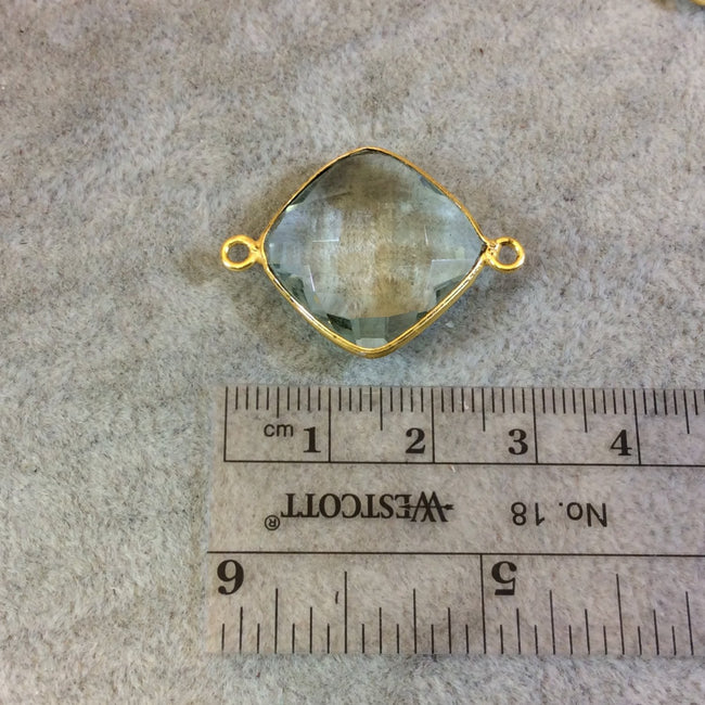 Gold Plated Faceted Pale Green Hydro (Lab Created) Quartz Diamond Shaped Bezel Connector - Measuring 18mm x 18mm - Sold Individually
