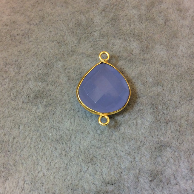 Gold Finish Faceted Semi-Transparent Pale Blue Chalcedony Heart/Teardrop Shaped Bezel Connector - Measuring 15mm x 15mm - Natural Gemstone