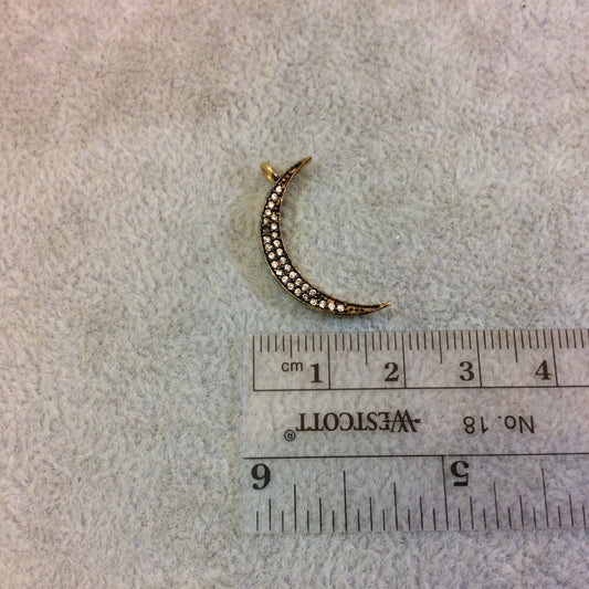 Small Oxidized Gold Crescent Moon Shape CZ Cubic Zirconia Inlaid Plated Copper Pendant Component - Measuring 3mm x 23mm  - Sold Individually