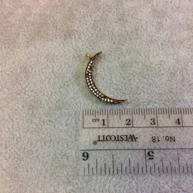 Small Oxidized Gold Crescent Moon Shape CZ Cubic Zirconia Inlaid Plated Copper Pendant Component - Measuring 3mm x 23mm  - Sold Individually
