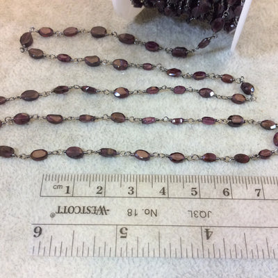 Gunmetal Plated Copper Rosary Chain with 5mm Long Faceted Natural Red Garnet Oval/Nugget Shape Beads (CH330-GM) - Semi-Precious Chain