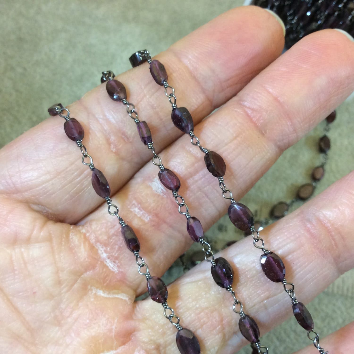 Gunmetal Plated Copper Rosary Chain with 5mm Long Faceted Natural Red Garnet Oval/Nugget Shape Beads (CH330-GM) - Semi-Precious Chain
