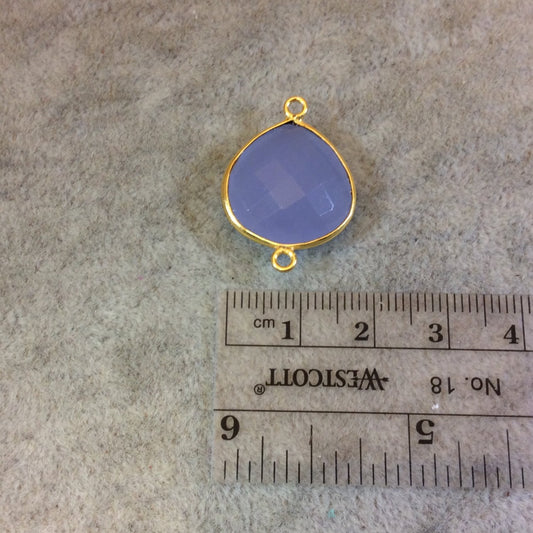 Gold Finish Faceted Semi-Transparent Pale Blue Chalcedony Heart/Teardrop Shaped Bezel Connector - Measuring 18mm x 18mm - Natural Gemstone