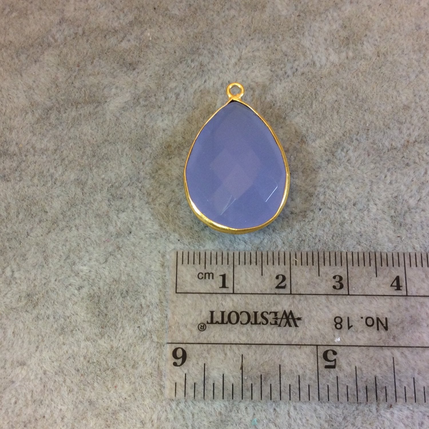 Gold Finish Faceted Semi-Transparent Pale Blue Chalcedony Pear/Teardrop Shaped Bezel Pendant - Measuring 18mm x 24mm - Natural Gemstone