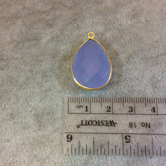 Gold Finish Faceted Semi-Transparent Pale Blue Chalcedony Pear/Teardrop Shaped Bezel Pendant - Measuring 18mm x 24mm - Natural Gemstone
