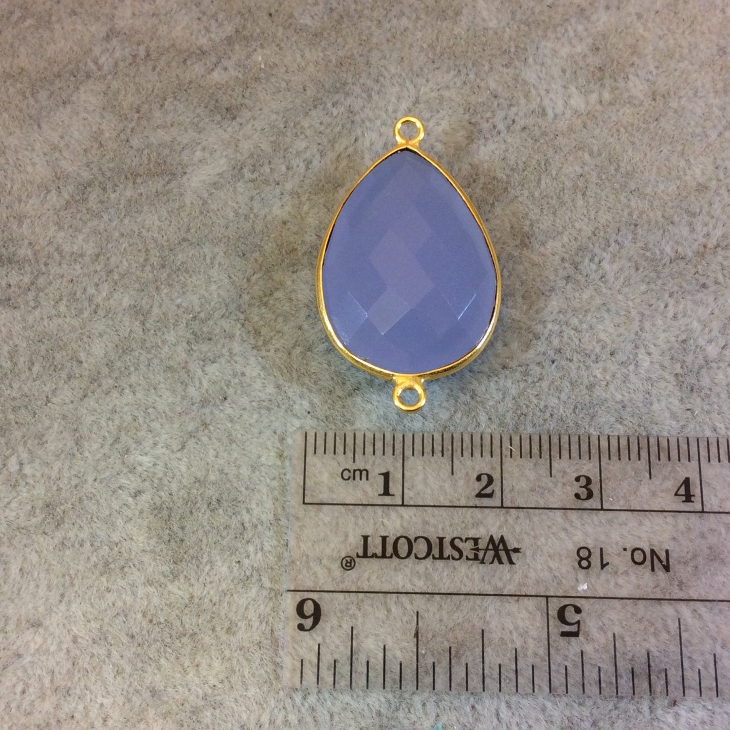 Gold Finish Faceted Semi-Transparent Pale Blue Chalcedony Pear/Teardrop Shaped Bezel Connector - Measuring 18mm x 24mm - Natural Gemstone