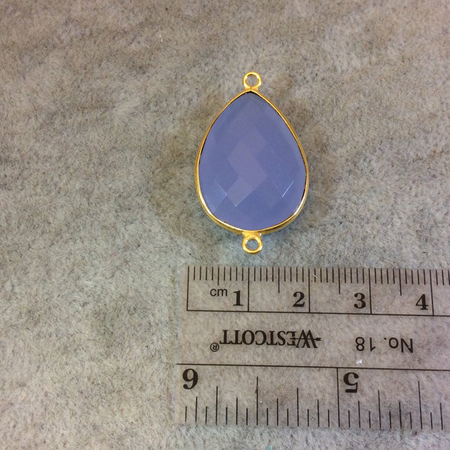 Gold Finish Faceted Semi-Transparent Pale Blue Chalcedony Pear/Teardrop Shaped Bezel Connector - Measuring 18mm x 24mm - Natural Gemstone