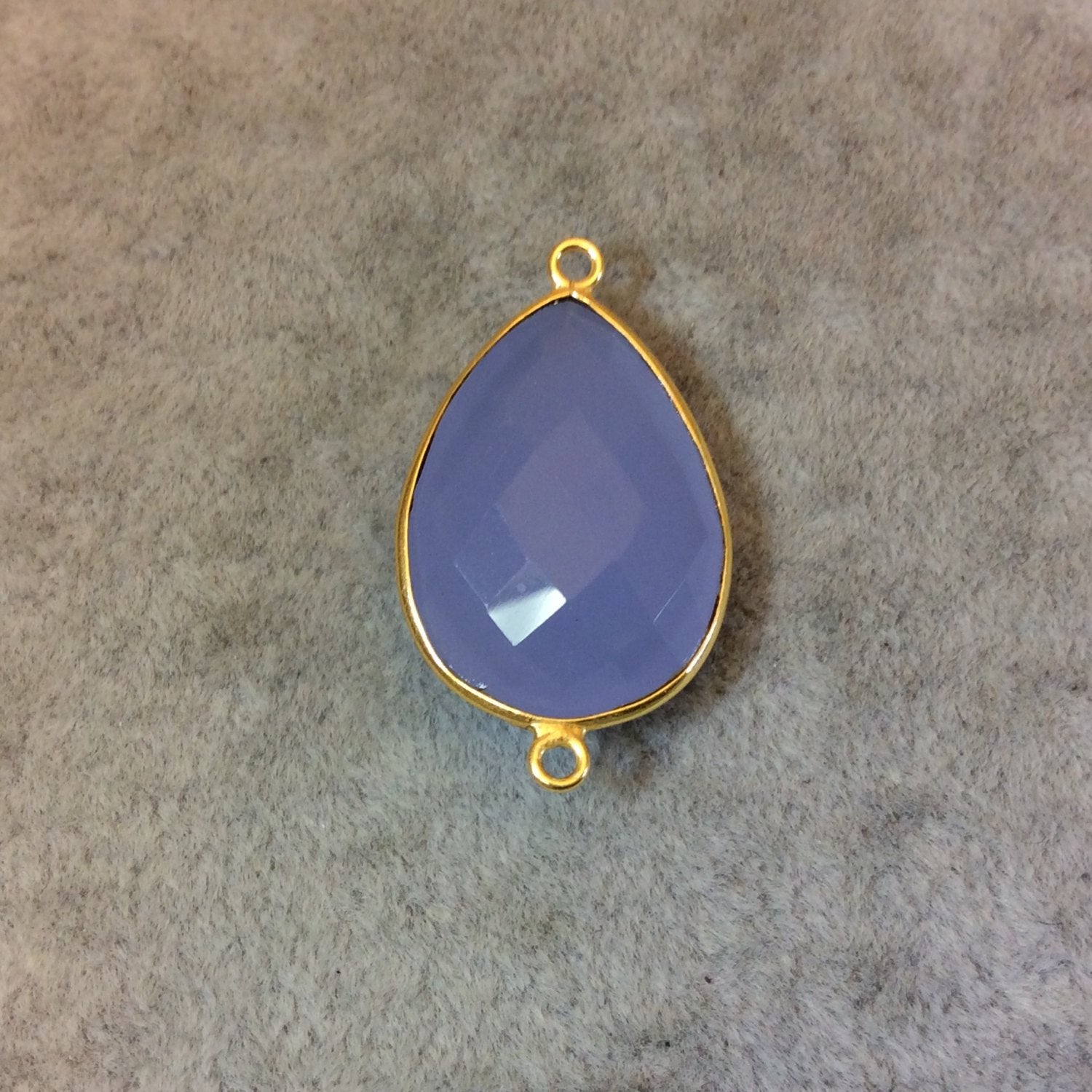 Gold Finish Faceted Semi-Transparent Pale Blue Chalcedony Pear/Teardrop Shaped Bezel Connector - Measuring 18mm x 24mm - Natural Gemstone