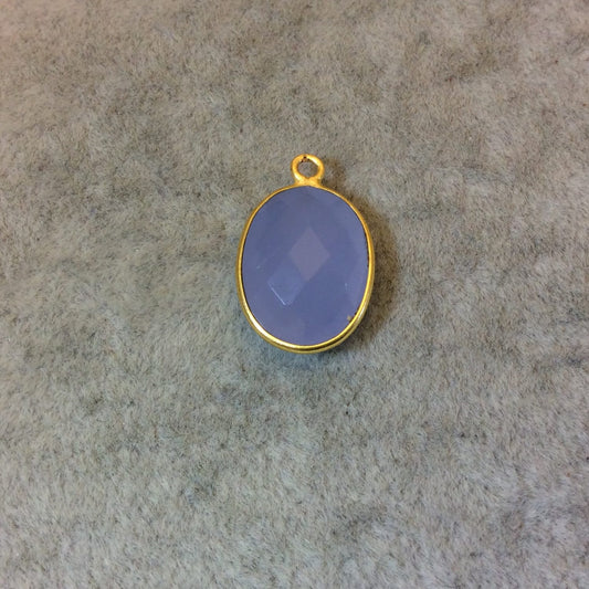 Gold Finish Faceted Semi-Transparent Pale Blue Chalcedony Vertical Oval Shaped Bezel Pendant - Measuring 12mm x 16mm - Natural Gemstone