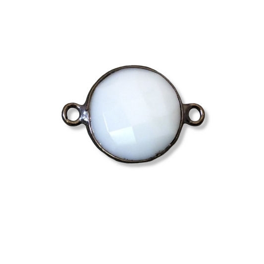 Gunmetal Plated Faceted White Hydro (Lab Created) Chalcedony Round/Coin Shaped Bezel Connector - Measuring 15mm x 15mm - Sold Individually