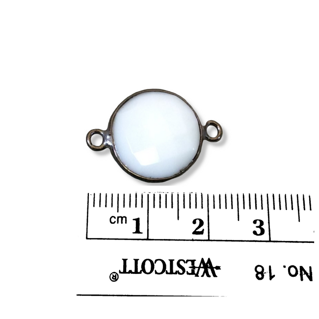 Gunmetal Plated Faceted White Hydro (Lab Created) Chalcedony Round/Coin Shaped Bezel Connector - Measuring 15mm x 15mm - Sold Individually