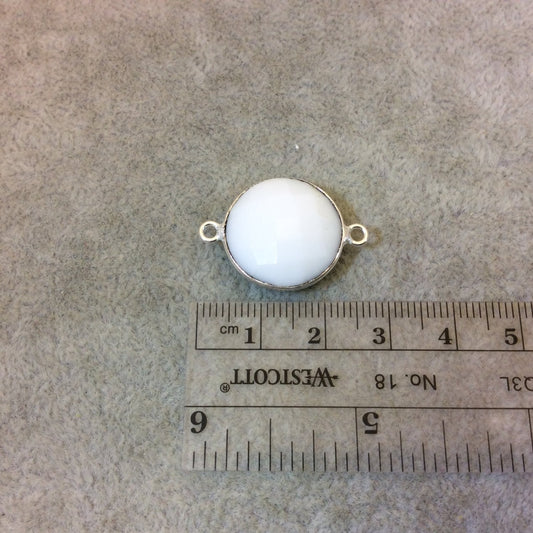 Silver Plated Faceted White Hydro (Lab Created) Chalcedony Round/Coin Shaped Bezel Connector - Measuring 18mm x 18mm - Sold Individually