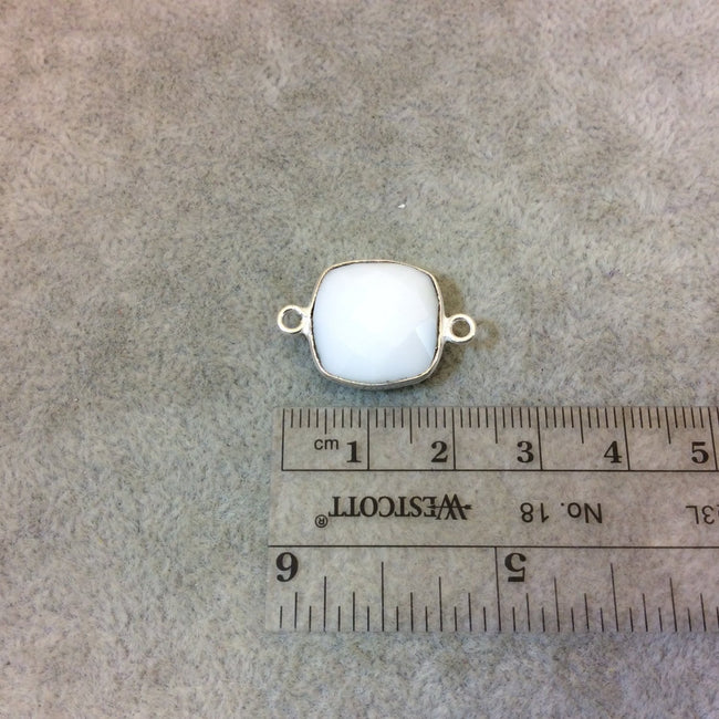 Silver Plated Faceted White Hydro (Lab Created) Chalcedony Square Shaped Bezel Connector - Measuring 15mm x 15mm - Sold Individually