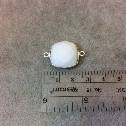 Silver Plated Faceted White Hydro (Lab Created) Chalcedony Square Shaped Bezel Connector - Measuring 18mm x 18mm - Sold Individually