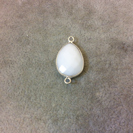 White Hydro Chalcedony Bezel | Silver Plated Faceted (Lab Created) Pear Teardrop Shaped Bezel Connector - Measuring 15mm x 20mm