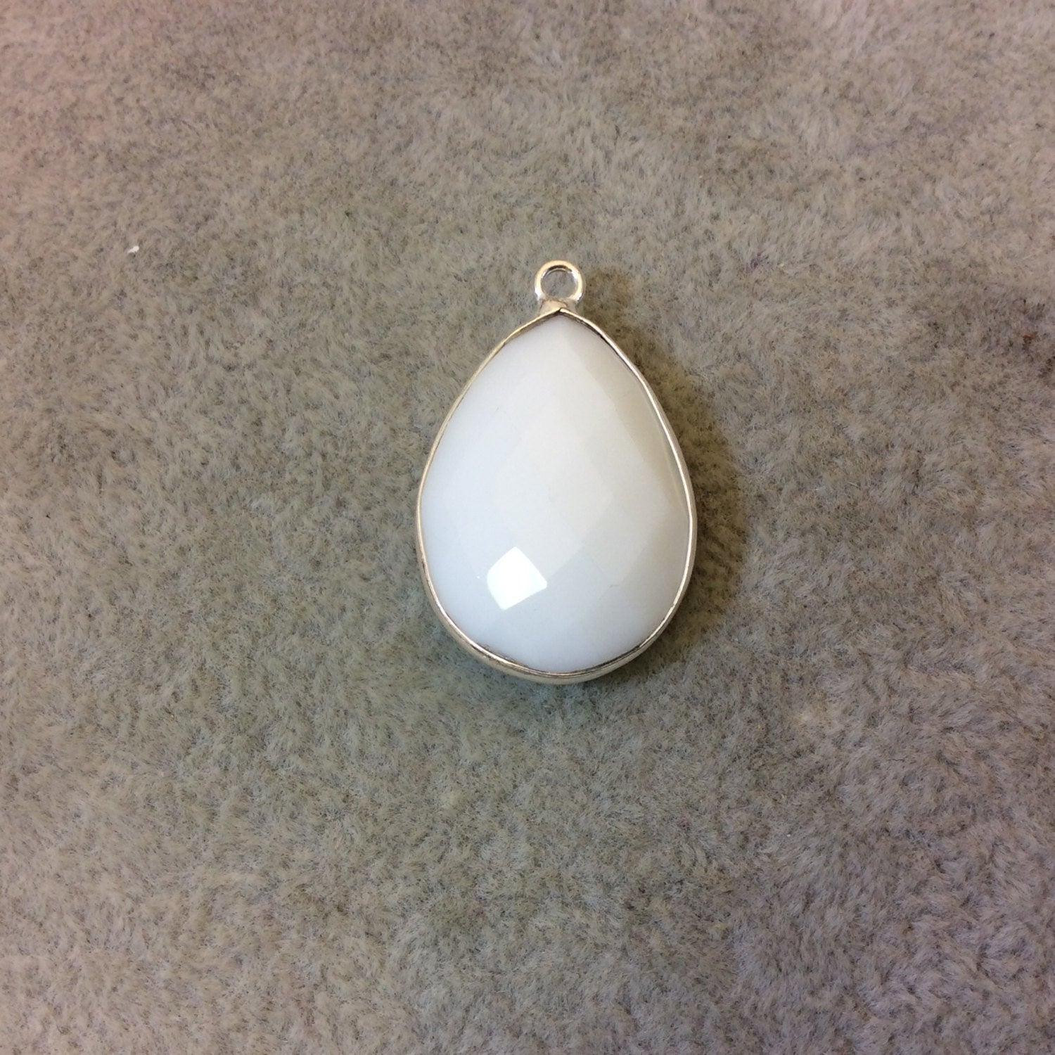 Silver Plated Faceted White Hydro (Lab Created) Chalcedony Pear/Teardrop Shaped Bezel Pendant - Measuring 18mm x 25mm - Sold Individually