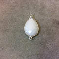 Silver Plated Faceted White Hydro (Lab Created) Chalcedony Pear/Teardrop Shaped Bezel Connector - Measuring 18mm x 25mm - Sold Individually