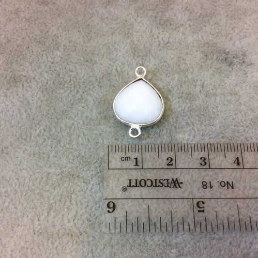 Silver Plated Faceted White Hydro (Lab Created) Chalcedony Heart/Teardrop Shaped Bezel Connector - Measuring 15mm x 15mm - Sold Individually