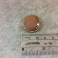 Gold Finish CZ Cubic Zirconia Rimmed Faceted Peach Moonstone Fat Oval Shaped Bezel Pendant - Measures 22.5mm x 24mm - Sold Individually
