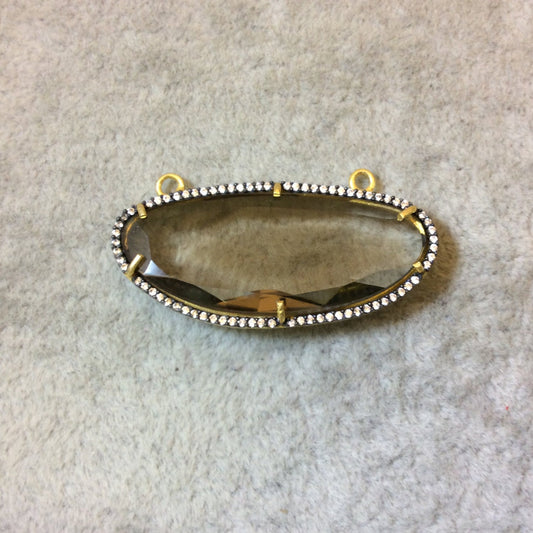 Hydro Smoky Quartz Bezel | Gold Plated CZ Cubic Zirconia Rimmed Faceted (Lab Created) Freeform Oval Shaped Pendant - Measures 19mm x 42mm