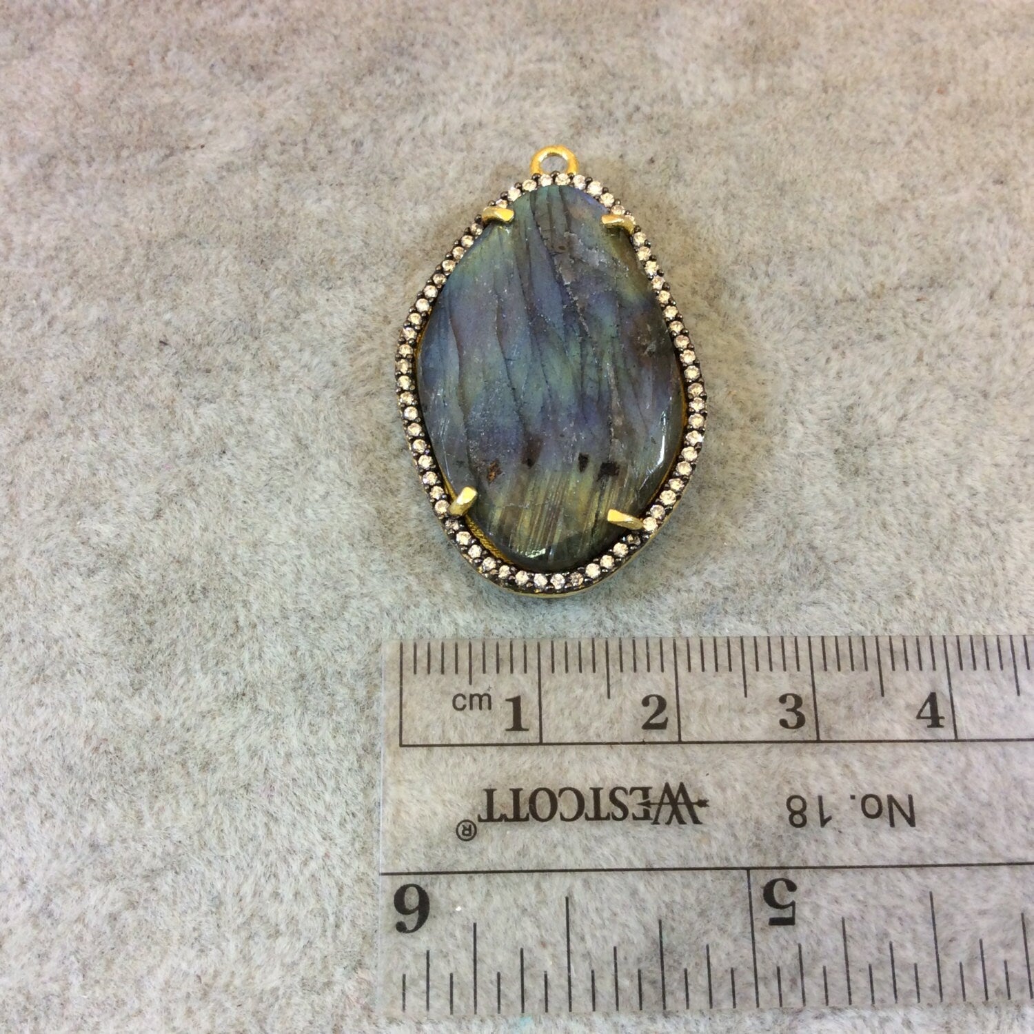 Labradorite Bezel | Gold Finish CZ Cubic Zirconia Rimmed Faceted Iridescent Freeform Shaped Pendant | Focal Pendant | Jewelry Supplies