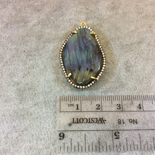 Labradorite Bezel | Gold Finish CZ Cubic Zirconia Rimmed Faceted Iridescent Freeform Shaped Pendant | Focal Pendant | Jewelry Supplies