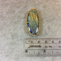 Gold Finish CZ Cubic Zirconia Rimmed Faceted Iridescent Labradorite Long Oval Shape Bezel Pendant - Measures 29mm x 43mm - Sold Individually