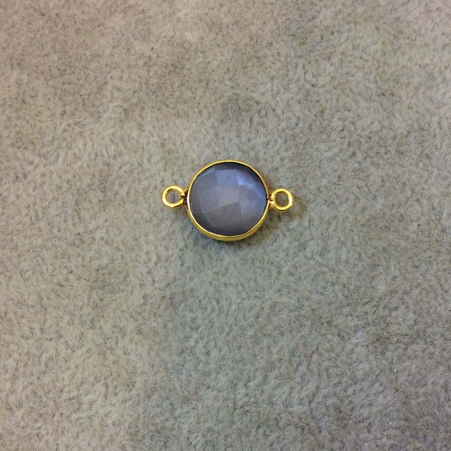 Gold Plated Faceted Synthetic Gray Cat's Eye (Manmade Glass) Round/Coin Shaped Bezel Connector - Measuring 12mm x 12mm - Sold Individually