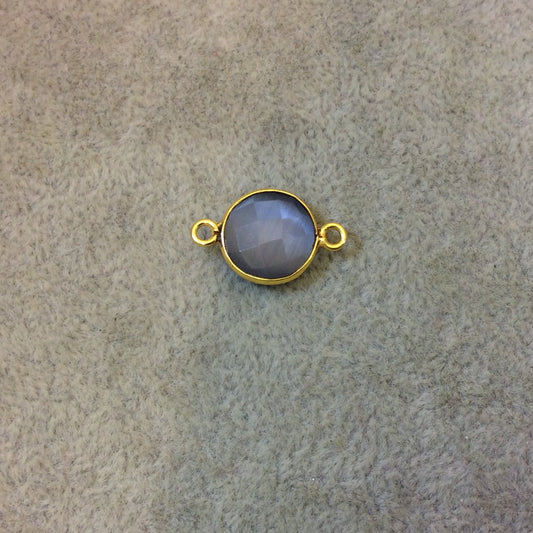 Gold Plated Faceted Synthetic Gray Cat's Eye (Manmade Glass) Round/Coin Shaped Bezel Connector - Measuring 12mm x 12mm - Sold Individually