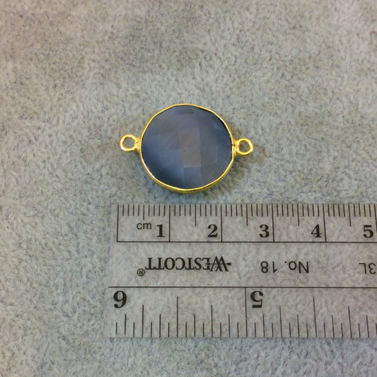 Gold Plated Faceted Synthetic Gray Cat's Eye (Manmade Glass) Round/Coin Shaped Bezel Connector - Measuring 18mm x 18mm - Sold Individually