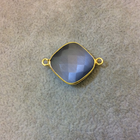 Gold Plated Faceted Synthetic Gray Cat's Eye (Manmade Glass) Diamond Shaped Bezel Connector - Measuring 18mm x 18mm - Sold Individually