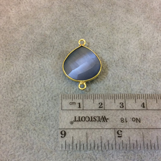 Gold Plated Faceted Synthetic Gray Cat's Eye (Manmade Glass) Heart/Teardrop Shaped Bezel Connector - Measuring 18mm x 18mm - Sold Individual