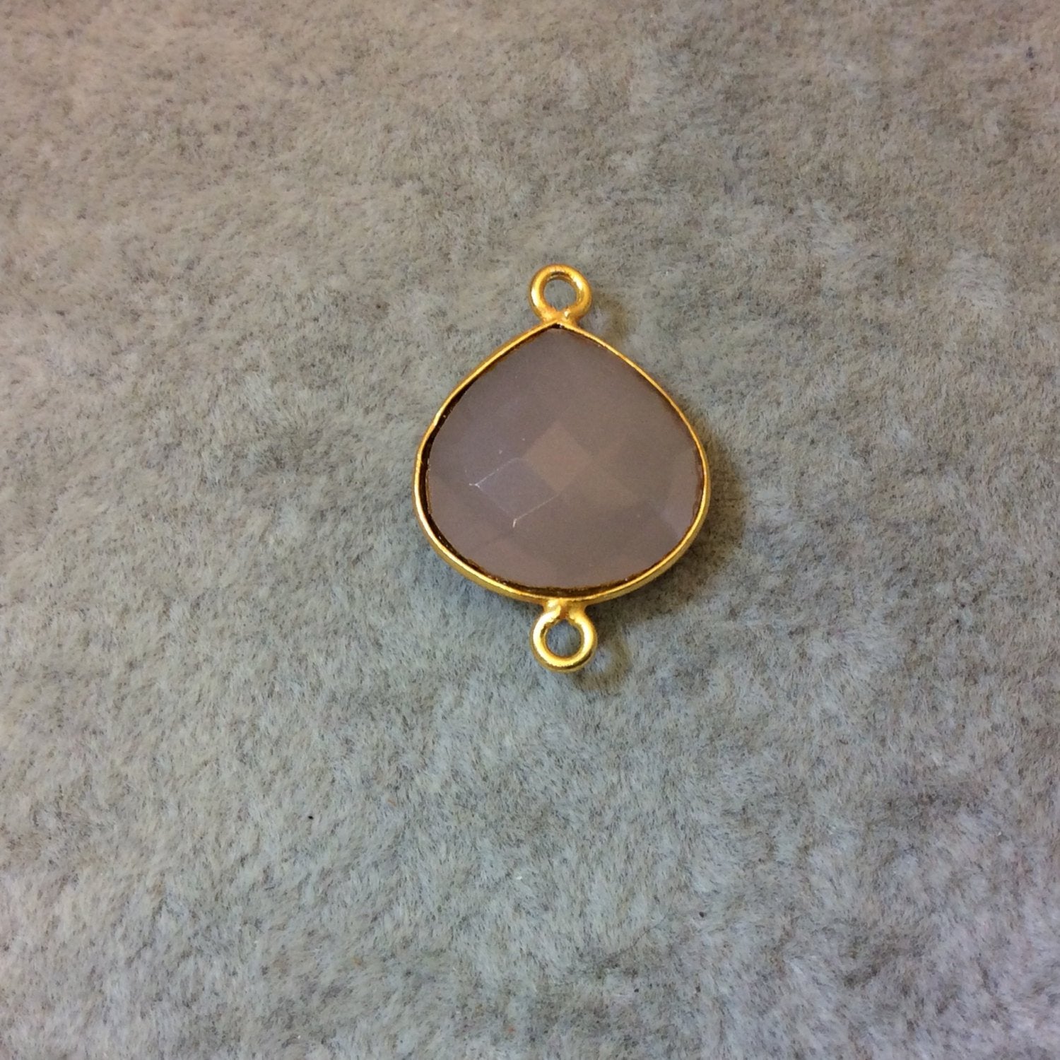 Gold Plated Faceted Nude Hydro (Lab Created) Chalcedony Heart/Teardrop Shaped Bezel Connector - Measuring 15mm x 15mm - Sold Individually