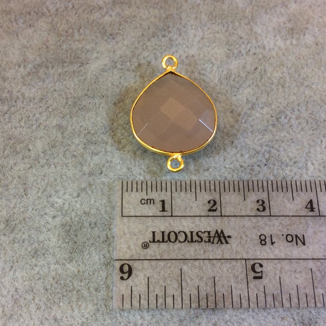 Gold Plated Faceted Nude Hydro (Lab Created) Chalcedony Heart/Teardrop Shaped Bezel Connector - Measuring 18mm x 18mm - Sold Individually