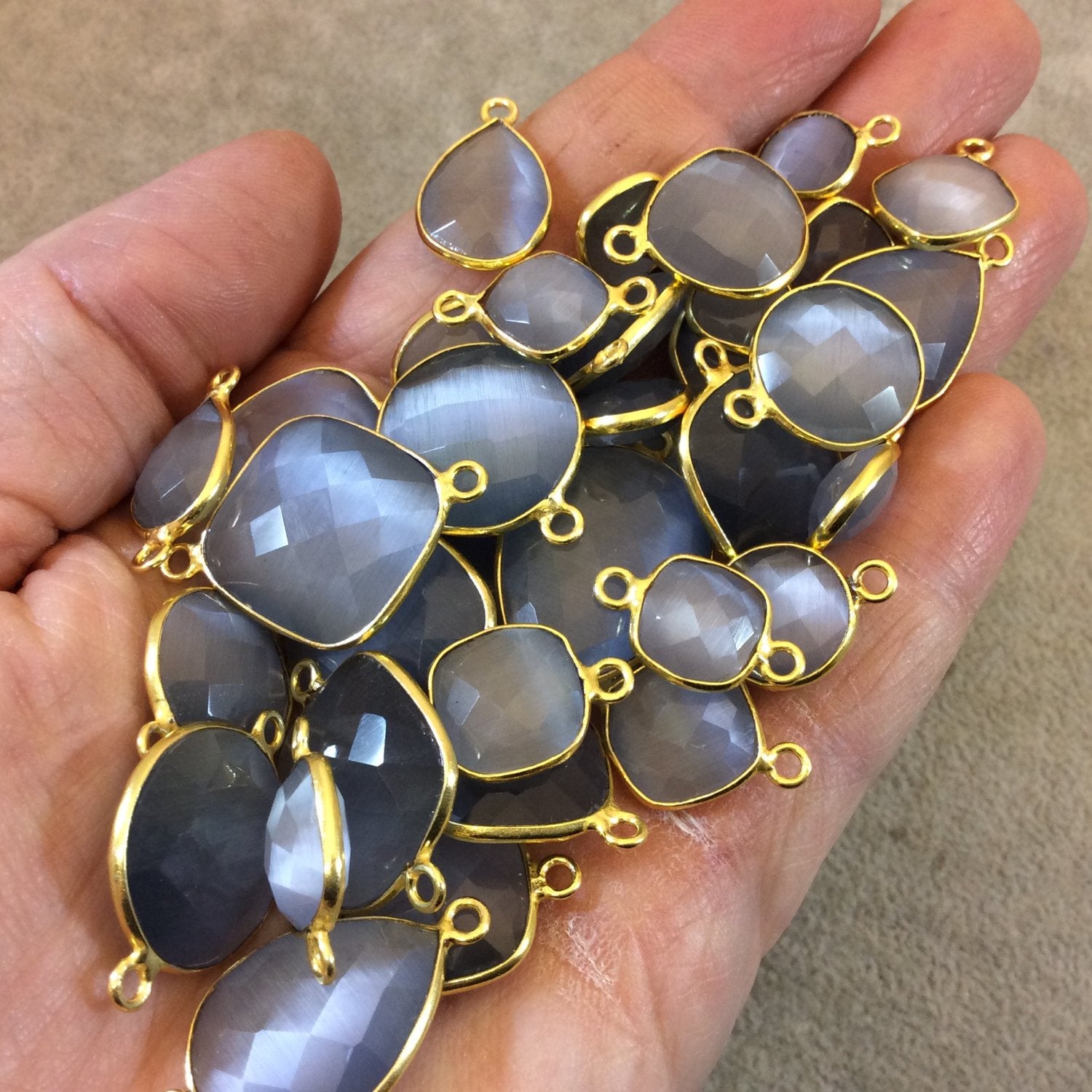 Gold Plated Faceted Synthetic Gray Cat's Eye (Manmade Glass) Pear/Teardrop Shape Bezel Connector - Measuring 12mm x 16mm - Sold Individually