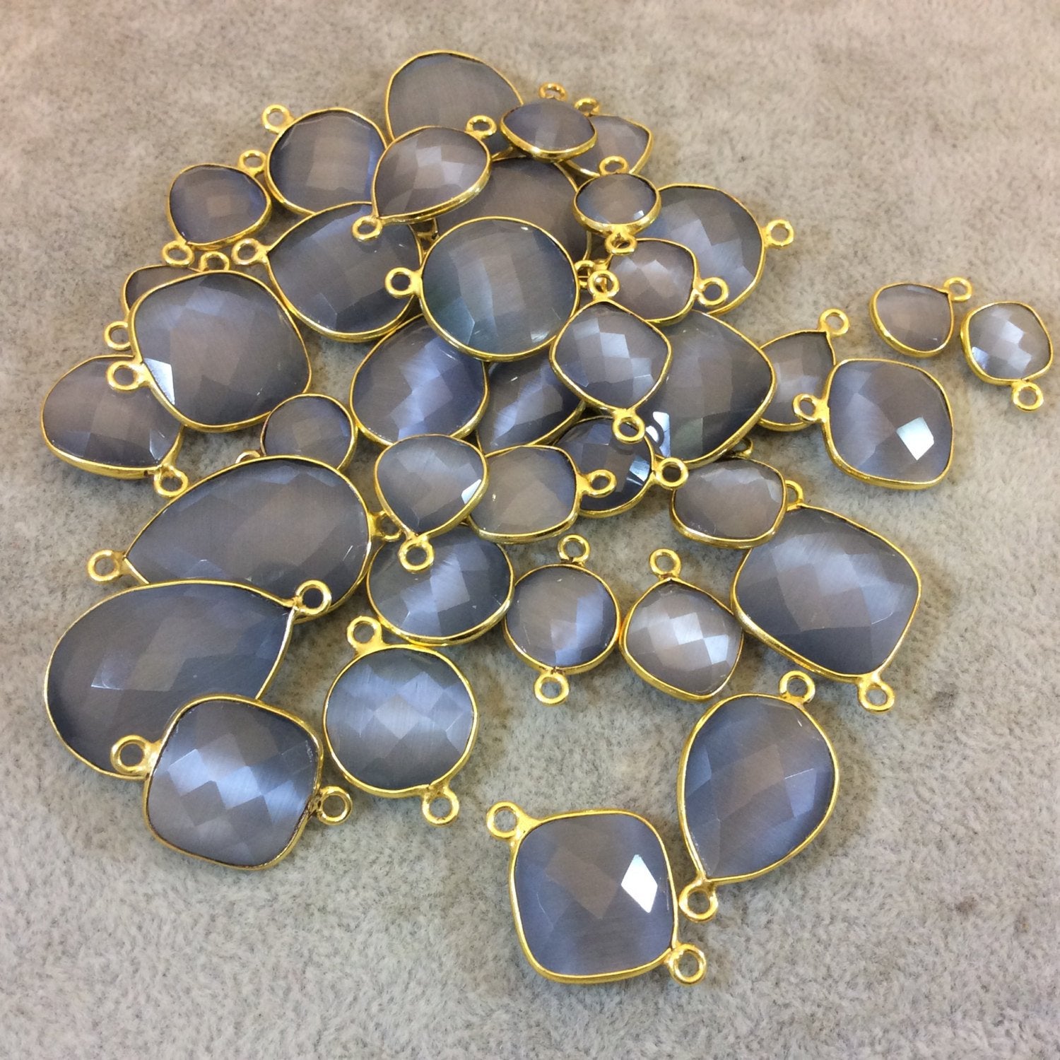 Gold Plated Faceted Synthetic Gray Cat's Eye (Manmade Glass) Heart/Teardrop Shaped Bezel Connector - Measuring 18mm x 18mm - Sold Individual