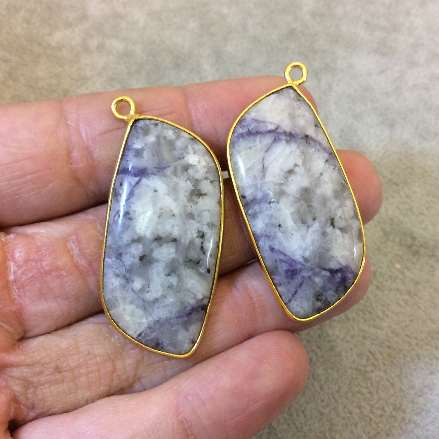 One Pair of OOAK Gold Finish Faceted Mystery Stone Freeform/Petal Shaped Bezel Pendant "MP3" - Measuring 20mm x 42mm - Natural Gemstone