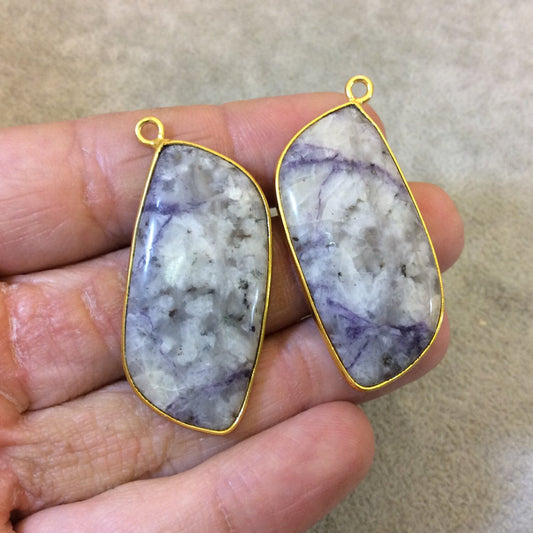 One Pair of OOAK Gold Finish Faceted Mystery Stone Freeform/Petal Shaped Bezel Pendant "MP3" - Measuring 20mm x 42mm - Natural Gemstone