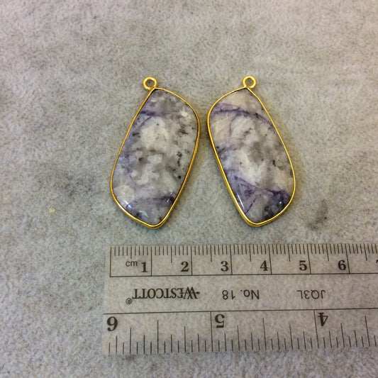One Pair of OOAK Gold Finish Faceted Mystery Stone Freeform/Petal Shaped Bezel Pendant "MP3" - Measuring 20mm x 42mm - Natural Gemstone