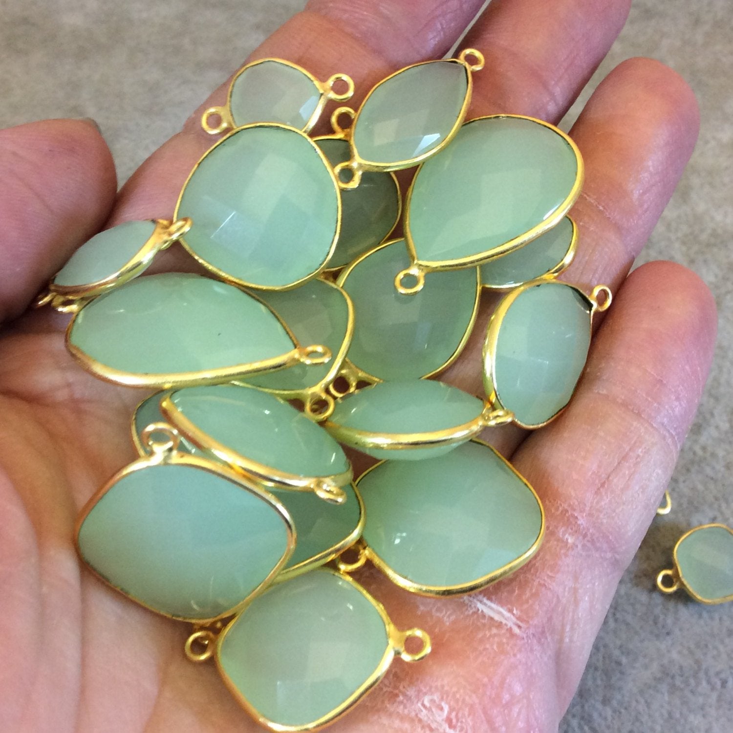 Gold Plated Faceted Pale Mint Hydro (Lab Created) Chalcedony Pear/Teardrop Shape Bezel Connector - Measuring 18mm x 24mm - Sold Individually