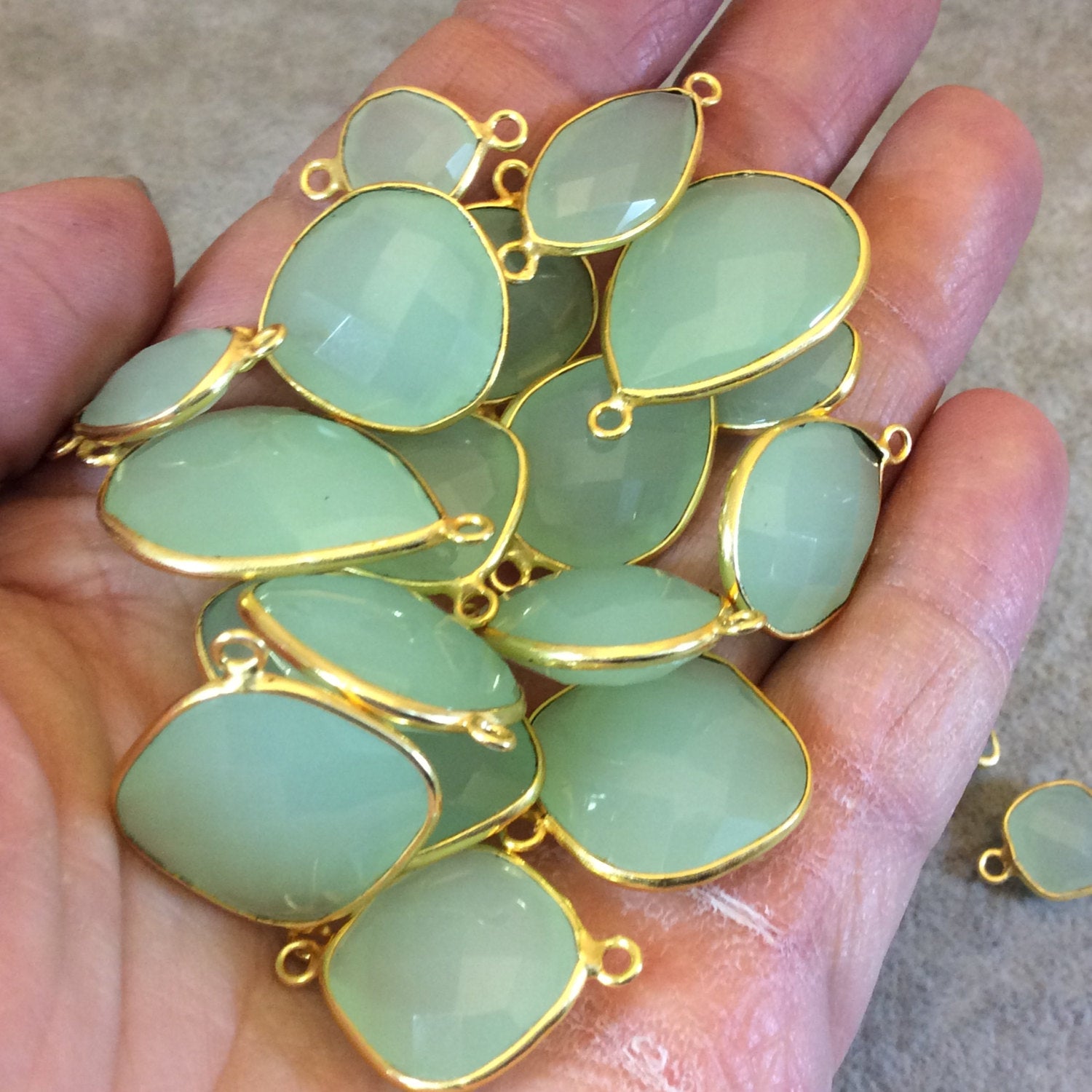 Gold Plated Faceted Pale Mint Hydro (Lab Created) Chalcedony Pear/Teardrop Shape Bezel Connector - Measuring 10mm x 15mm - Sold Individually
