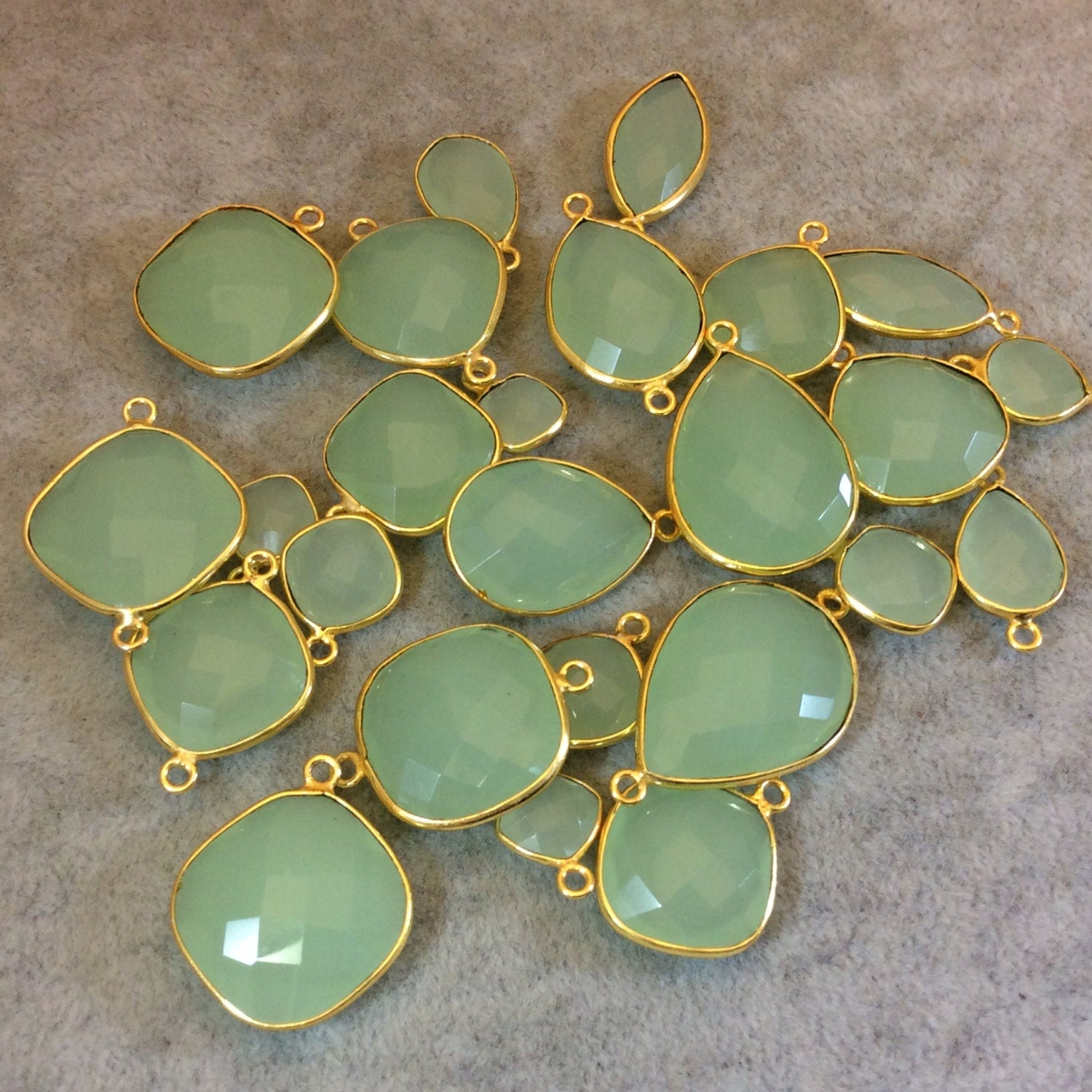 Gold Plated Faceted Pale Mint Hydro (Lab Created) Chalcedony Diamond Shaped Bezel Connector- Measuring 10mm x 10mm - Sold Individually
