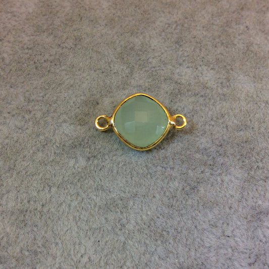 Gold Plated Faceted Pale Mint Hydro (Lab Created) Chalcedony Diamond Shaped Bezel Connector- Measuring 10mm x 10mm - Sold Individually