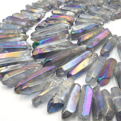 A set of metallic steel aura quartz stick beads, perfect for jewelry making or crafting projects.