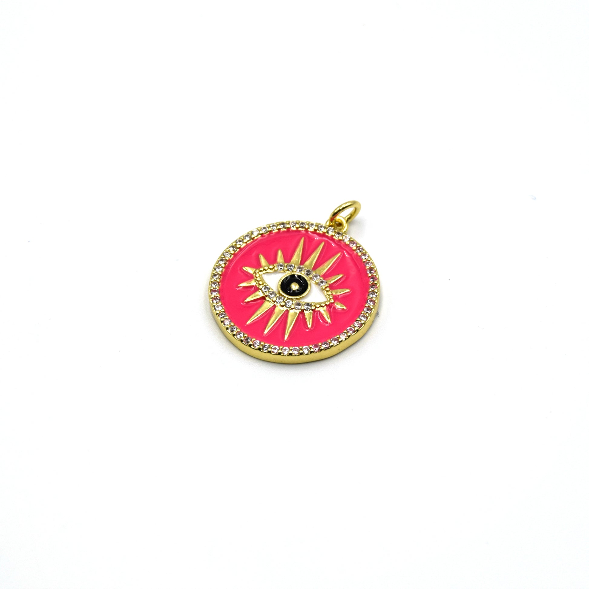 This stunning pink  enamel evil eye charm is sure to add a touch of sophistication to your look. The eye itself is crafted from black enamel and finished with white cz stones for a subtle sparkle. 